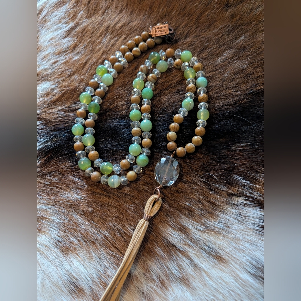 Beaded Necklace with Leather Tassel